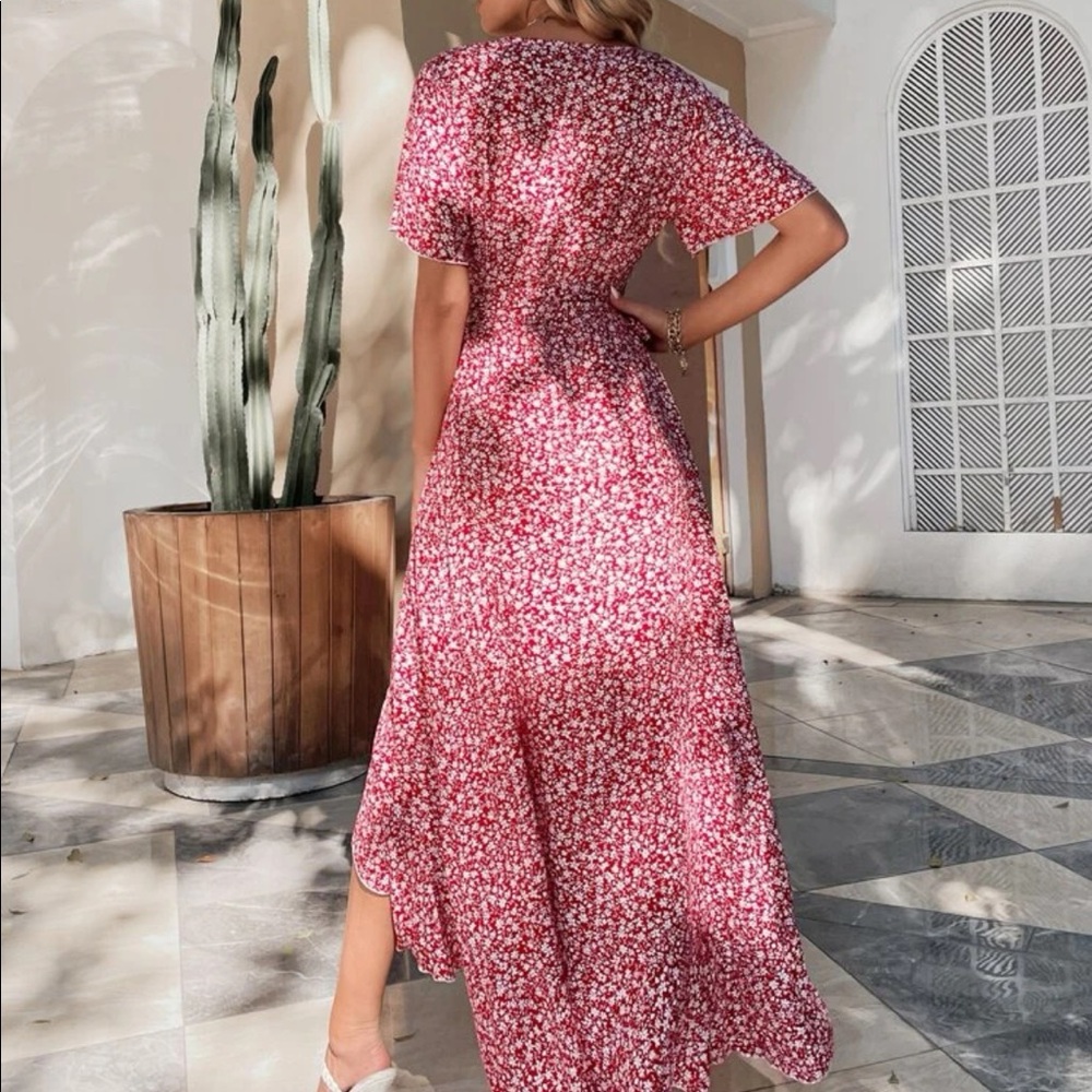 LAST FEW Red floral print ruffle belted high low dress - Picture 3 of 6